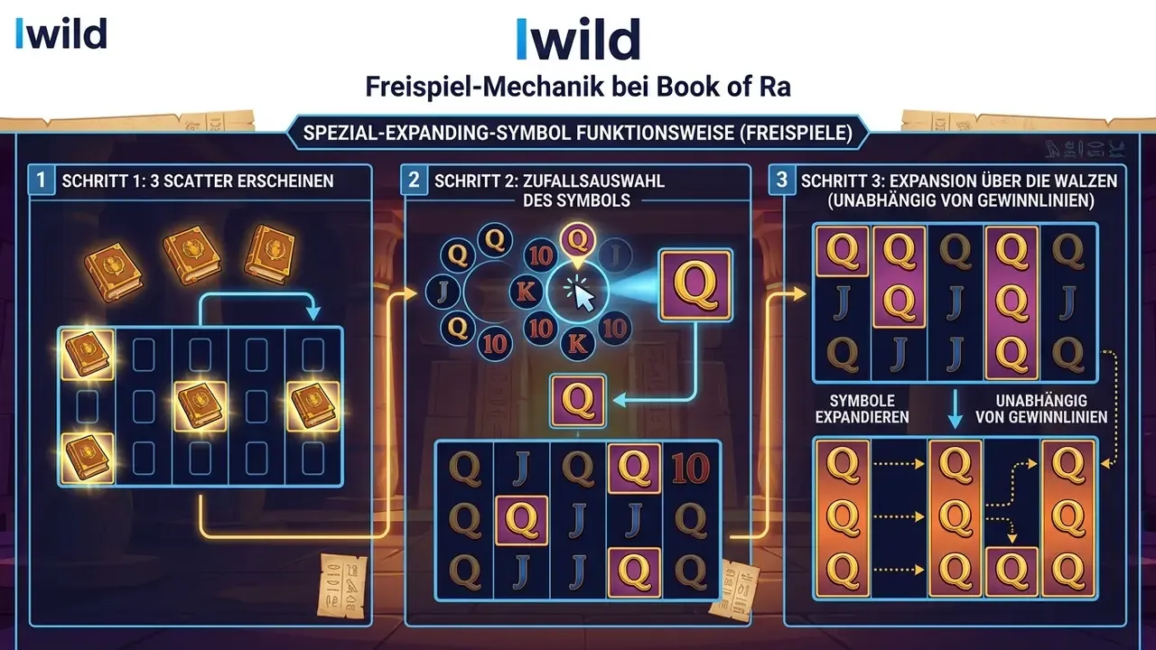Ablaufdiagramm der Book-of-Ra-Freispiele mit expandierendem Sondersymbol